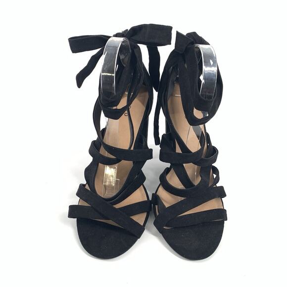 Torrid Ankle Wrap Faux Suede Block High Heels 9.5 W Wide Womens Black Open Toe - Picture 2 of 8